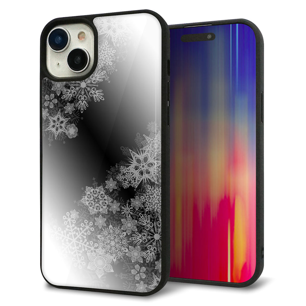 iPhone15 Plus 強化ガラス&TPUスマホケース ガラプリ【YJ340 モノトーン 雪の結晶 】