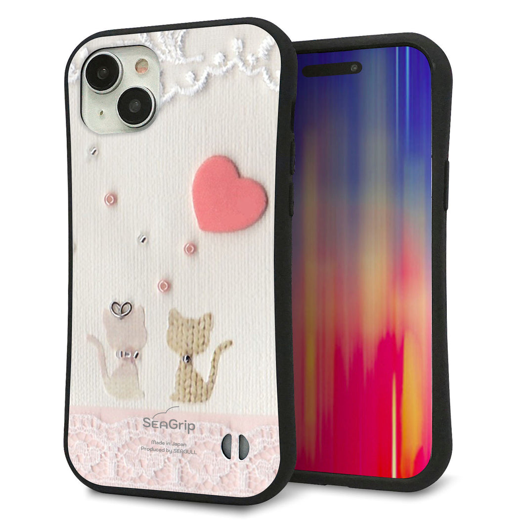 iPhone15 Plus スマホケース 「SEA Grip」 グリップケース Sライン 【1104 クラフト写真ネコ(ハートM)】 UV印刷