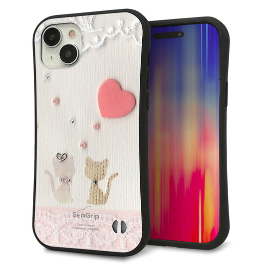 iPhone15 Plus スマホケース 「SEA Grip」 グリップケース Sライン 【1104 クラフト写真ネコ(ハートM)】 UV印刷