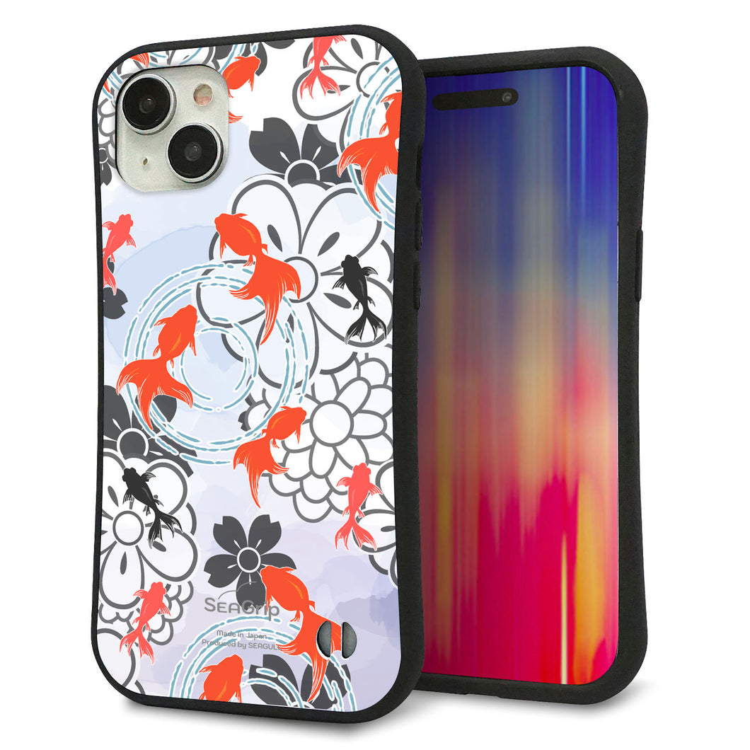 iPhone15 Plus スマホケース 「SEA Grip」 グリップケース Sライン 【HA216 金魚 花柄 グレー 】 UV印刷