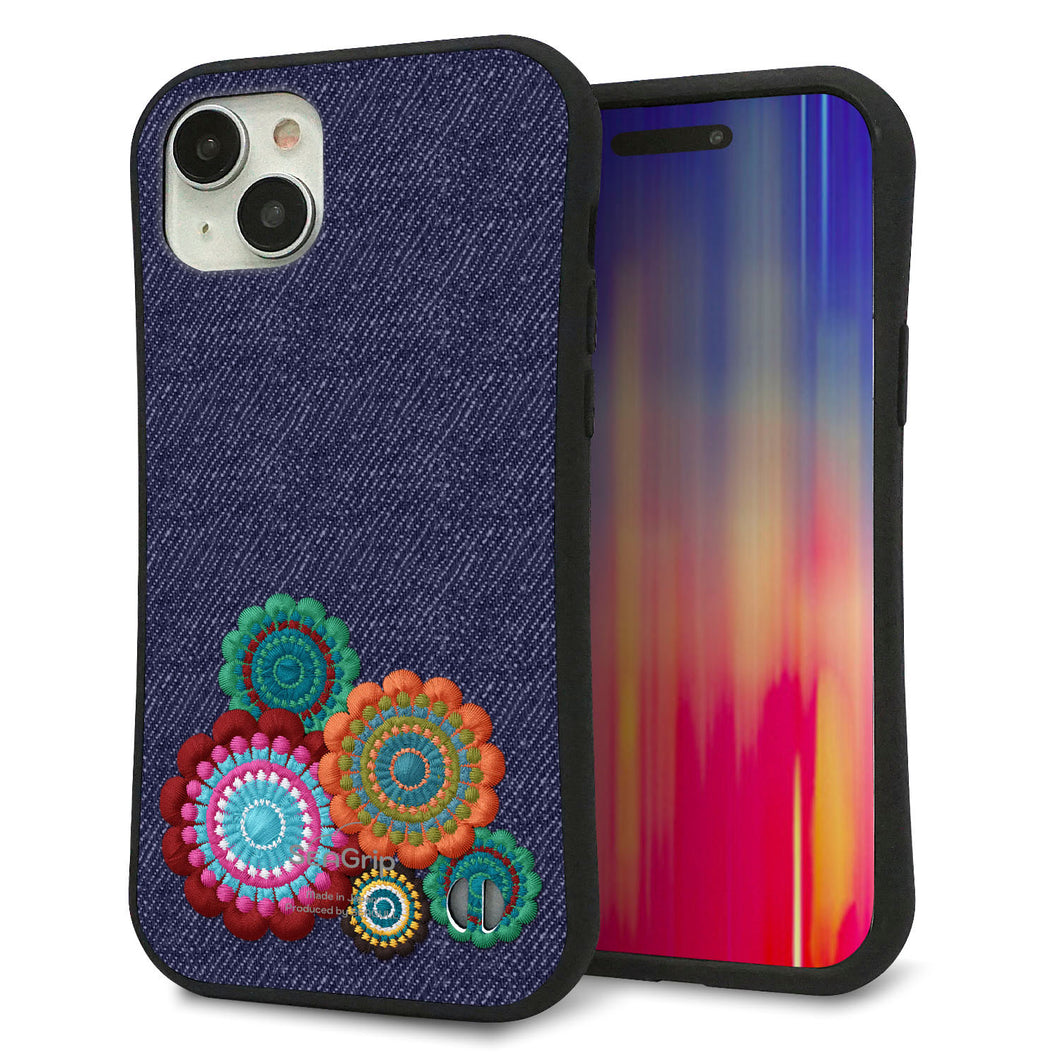 iPhone15 Plus スマホケース 「SEA Grip」 グリップケース Sライン 【KM934 エスニックフラワー デニム】 UV印刷