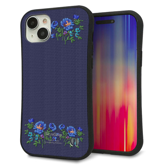iPhone15 Plus スマホケース 「SEA Grip」 グリップケース Sライン 【KM944 花刺繍風 ブルーフラワー オフホワイト 】 UV印刷