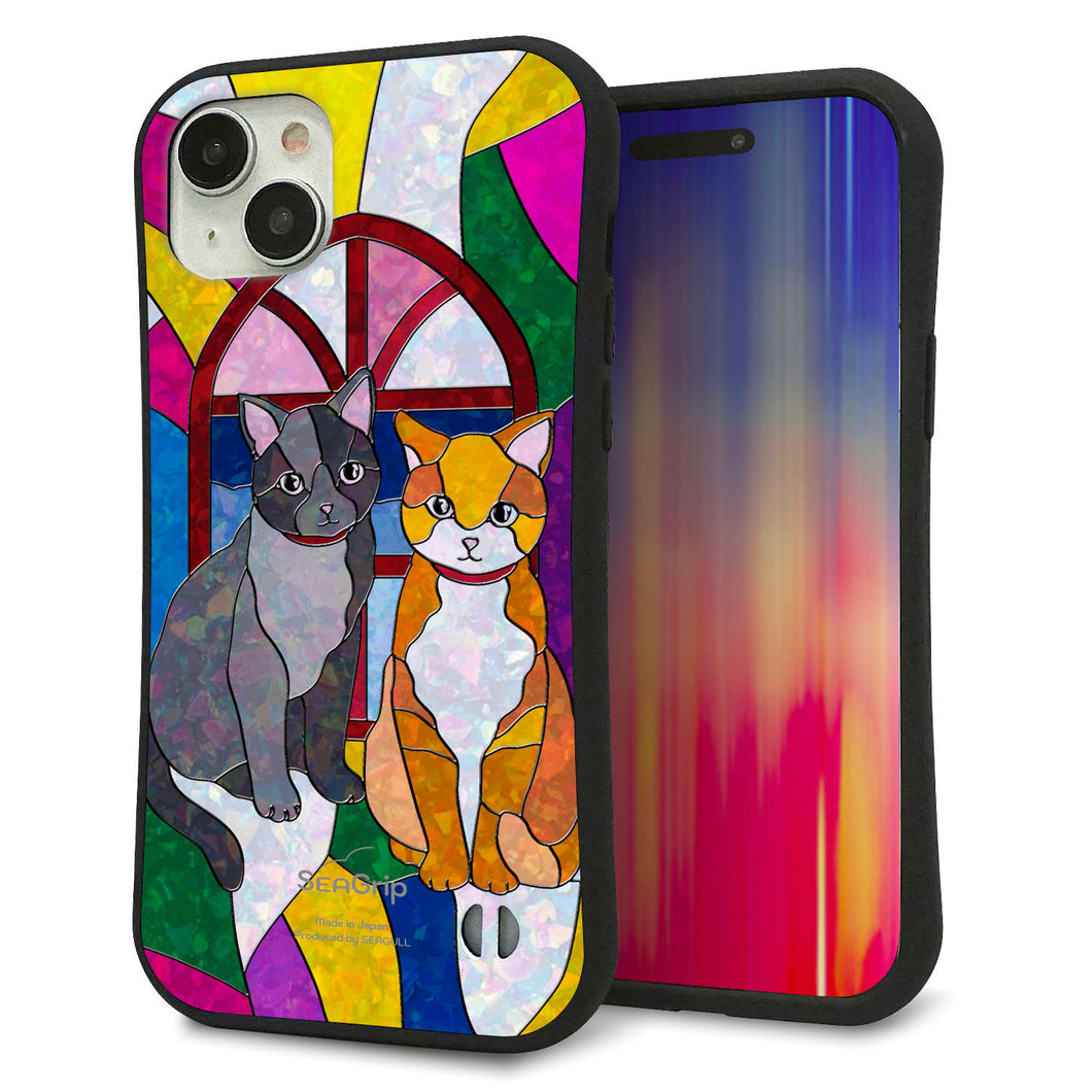 iPhone15 Plus スマホケース 「SEA Grip」 グリップケース Sライン 【MA995 ステンドグラス ネコ】 UV印刷