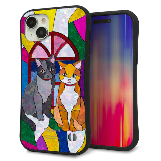 iPhone15 Plus スマホケース 「SEA Grip」 グリップケース Sライン 【MA995 ステンドグラス ネコ】 UV印刷