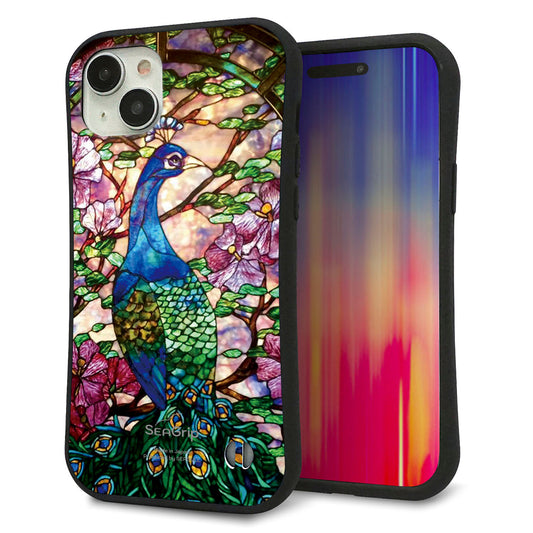 iPhone15 Plus スマホケース 「SEA Grip」 グリップケース Sライン 【MA996 ステンドグラス クジャク】 UV印刷