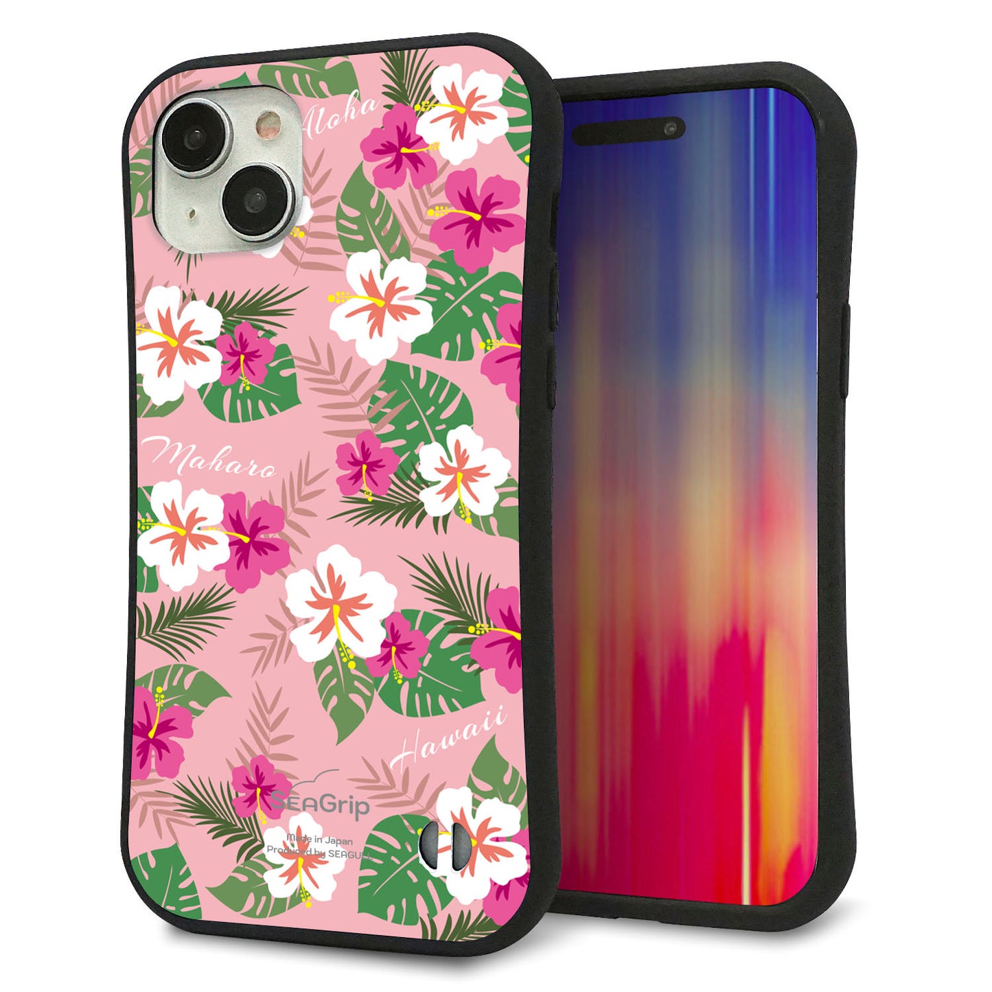 iPhone15 Plus スマホケース 「SEA Grip」 グリップケース Sライン 【SC882 ハワイアンアロハレトロ(ピンク)】 UV印刷