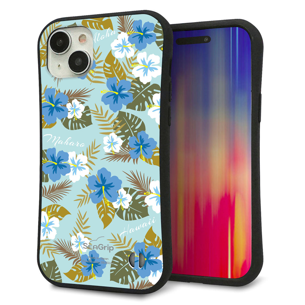 iPhone15 Plus スマホケース 「SEA Grip」 グリップケース Sライン 【SC883 ハワイアンアロハレトロ(ブルー)】 UV印刷