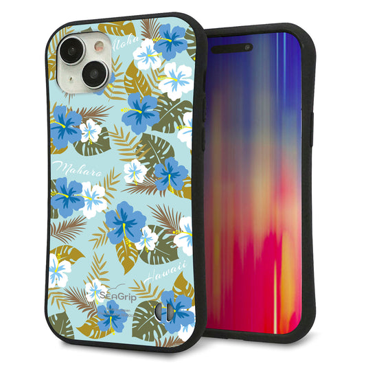 iPhone15 Plus スマホケース 「SEA Grip」 グリップケース Sライン 【SC883 ハワイアンアロハレトロ(ブルー)】 UV印刷