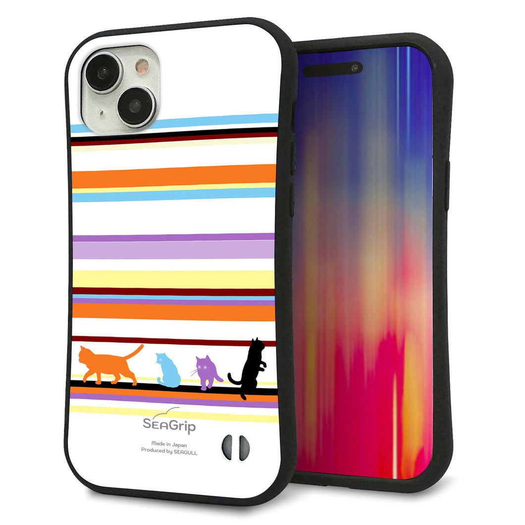 iPhone15 Plus スマホケース 「SEA Grip」 グリップケース Sライン 【YA887 ストライプネコ01】 UV印刷