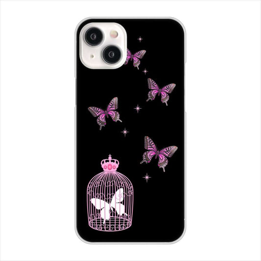 iPhone15 Plus 高画質仕上げ 背面印刷 ハードケースむかいあぐる 蝶の王冠鳥かご