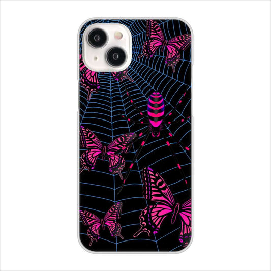 iPhone15 Plus 高画質仕上げ 背面印刷 ハードケースむかいあぐる 蜘蛛の巣に舞う蝶
