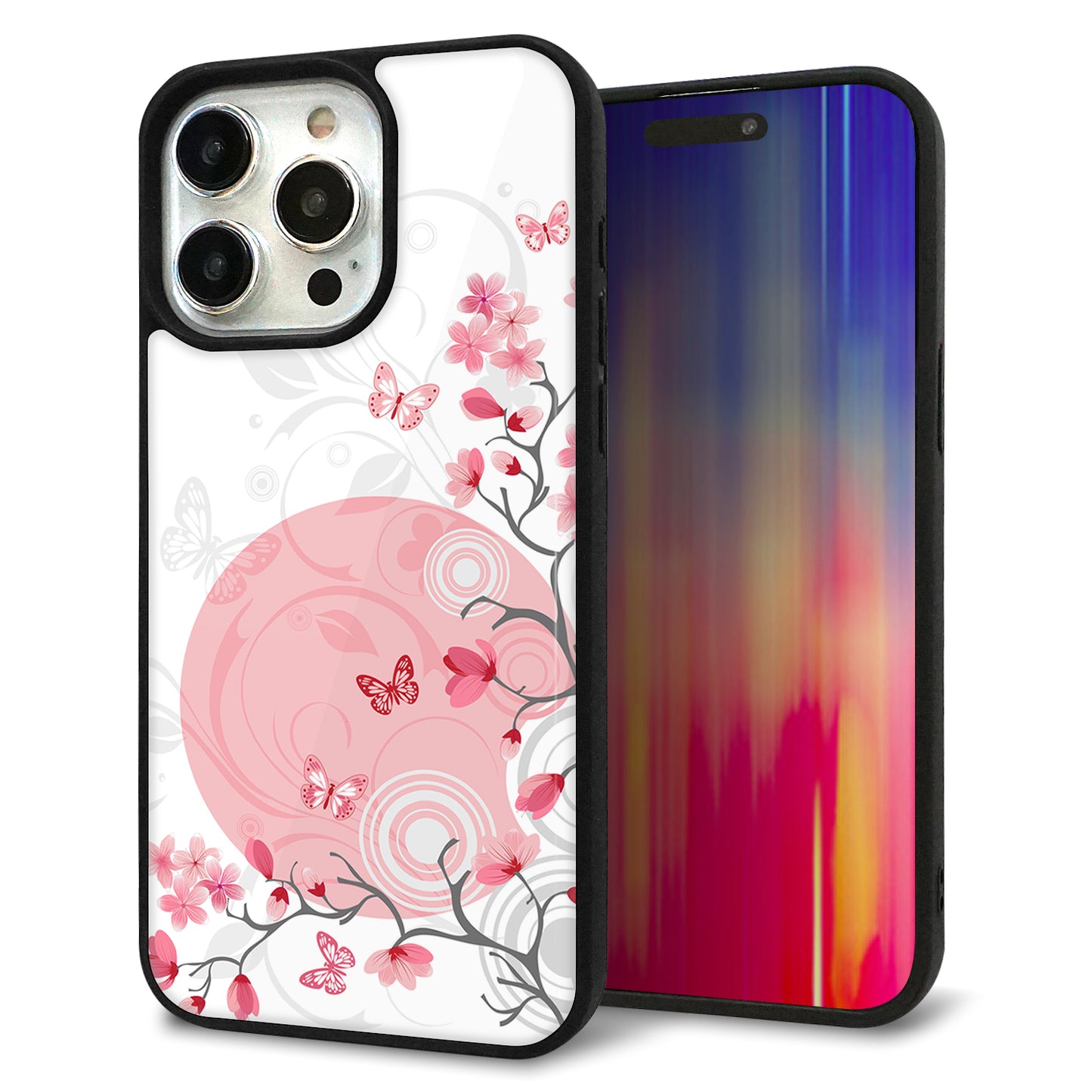 iPhone15 Pro Max 強化ガラス&TPUスマホケース ガラプリ【030 花と蝶(うす桃色)】