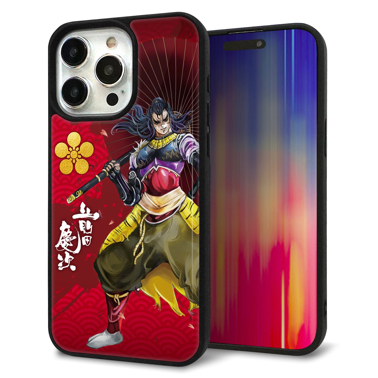 iPhone15 Pro Max 強化ガラス&TPUスマホケース ガラプリ【AB806 前田慶次 イラストと家紋】