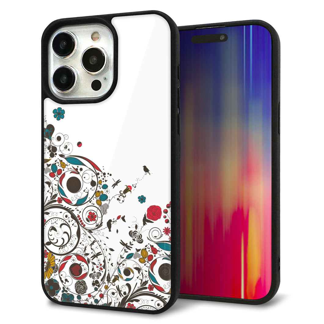 iPhone15 Pro Max 強化ガラス&TPUスマホケース ガラプリ【EK908 カラフルな花と鳥】