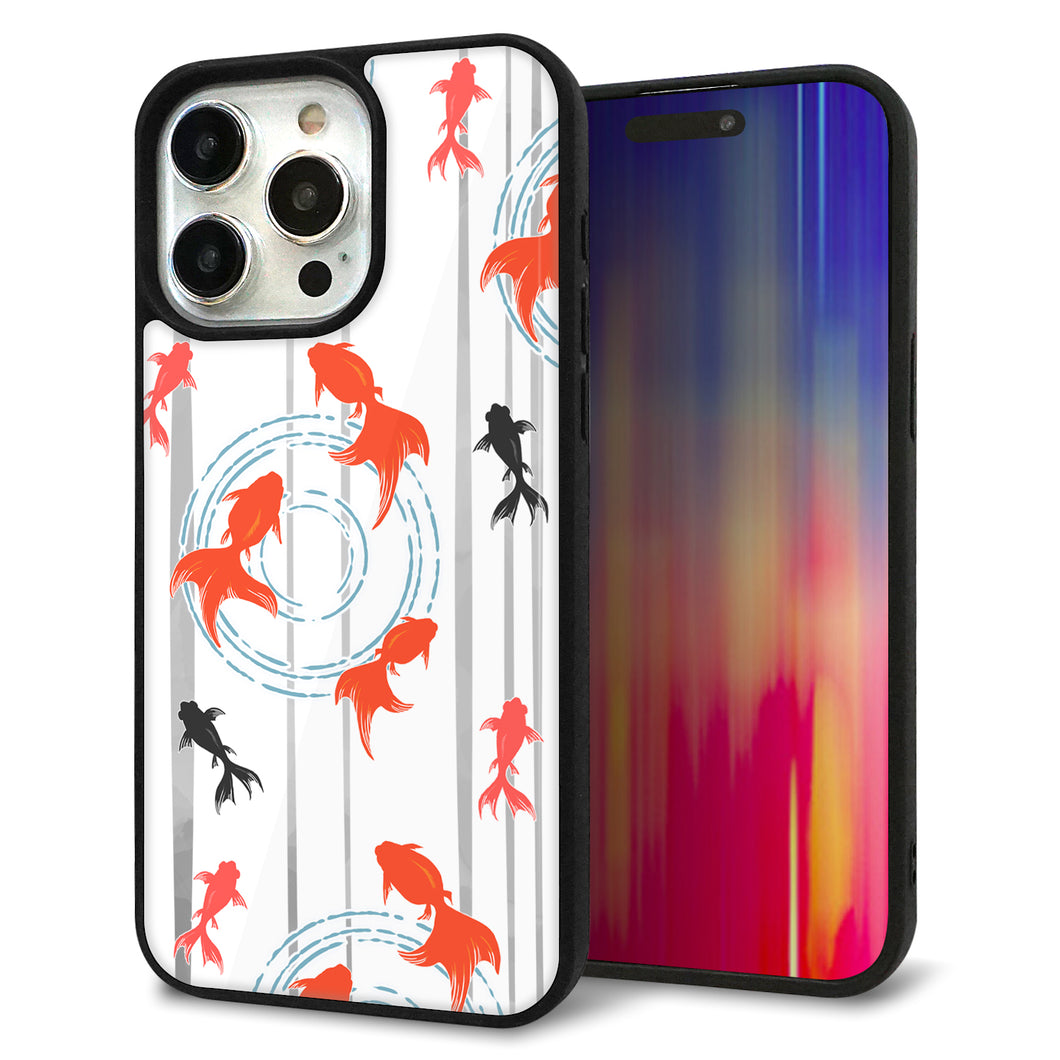 iPhone15 Pro Max 強化ガラス&TPUスマホケース ガラプリ【HA211 金魚 水彩ストライプ グレー】