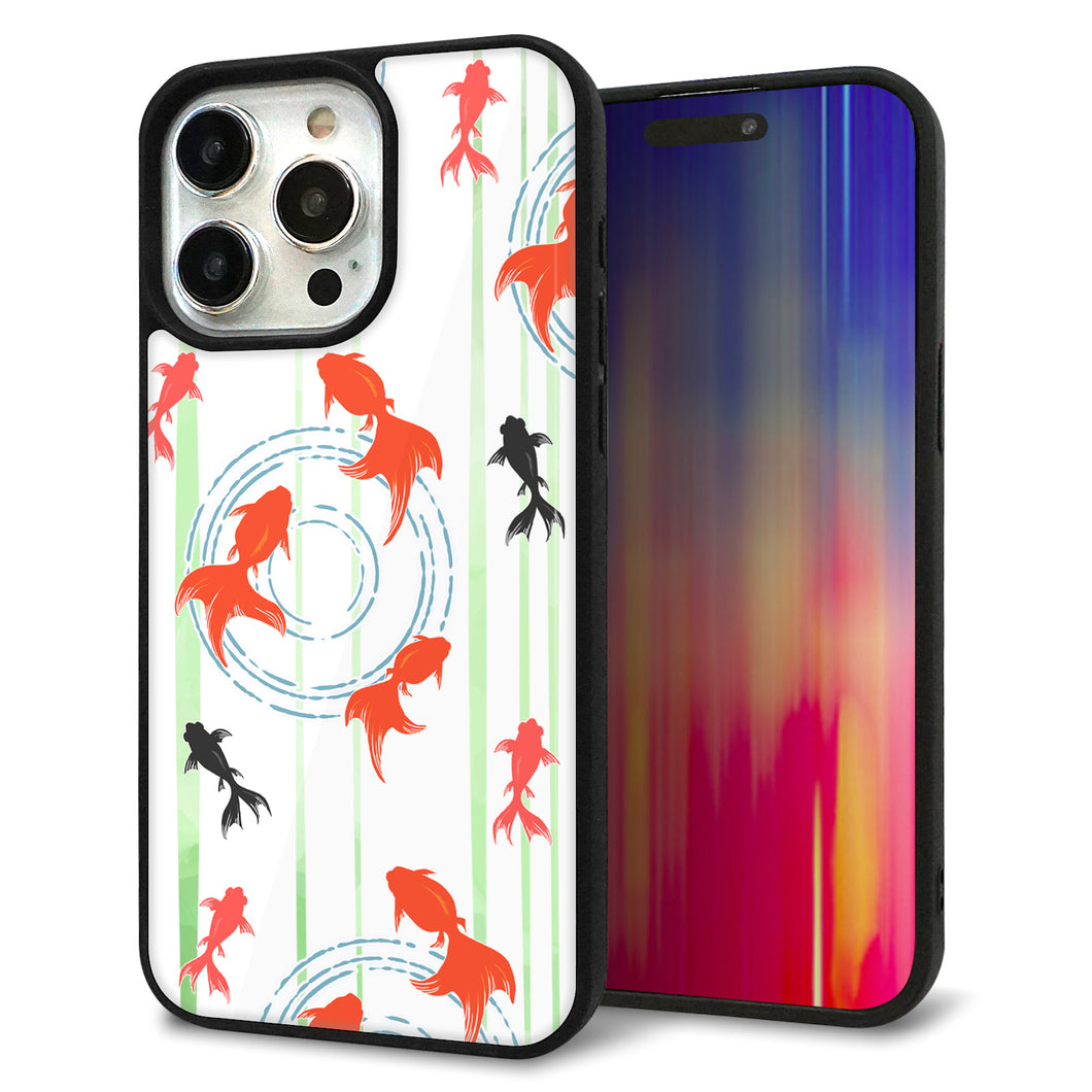 iPhone15 Pro Max 強化ガラス&TPUスマホケース ガラプリ【HA213 金魚 水彩ストライプ グリーン】