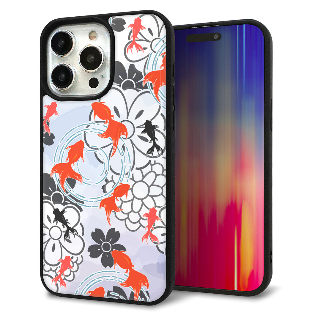iPhone15 Pro Max 強化ガラス&TPUスマホケース ガラプリ【HA216 金魚 花柄 グレー】