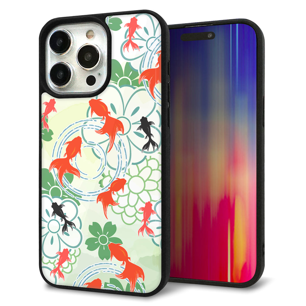 iPhone15 Pro Max 強化ガラス&TPUスマホケース ガラプリ【HA218 金魚 花柄 グリーン】