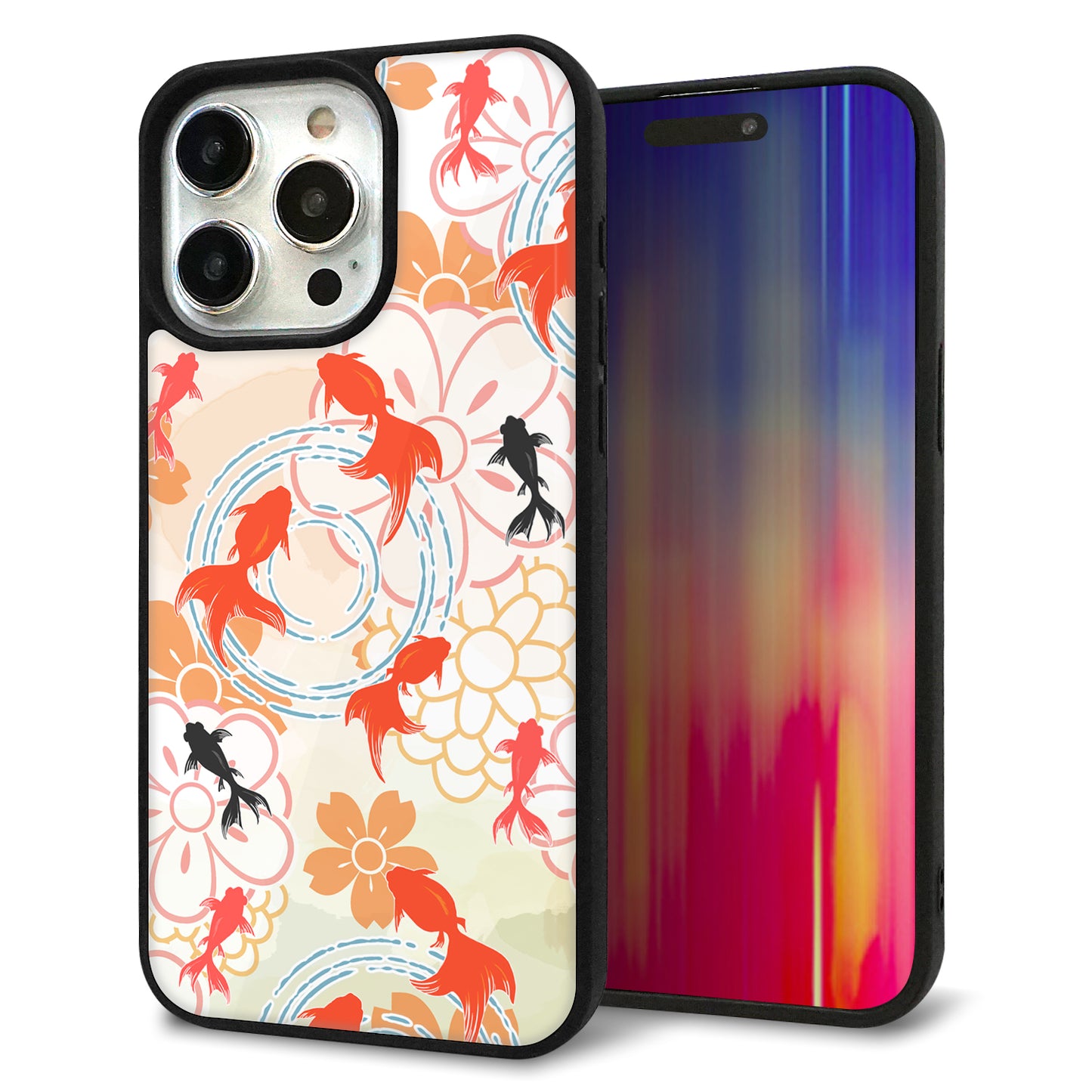 iPhone15 Pro Max 強化ガラス&TPUスマホケース ガラプリ【HA219 金魚 花柄 オレンジ】