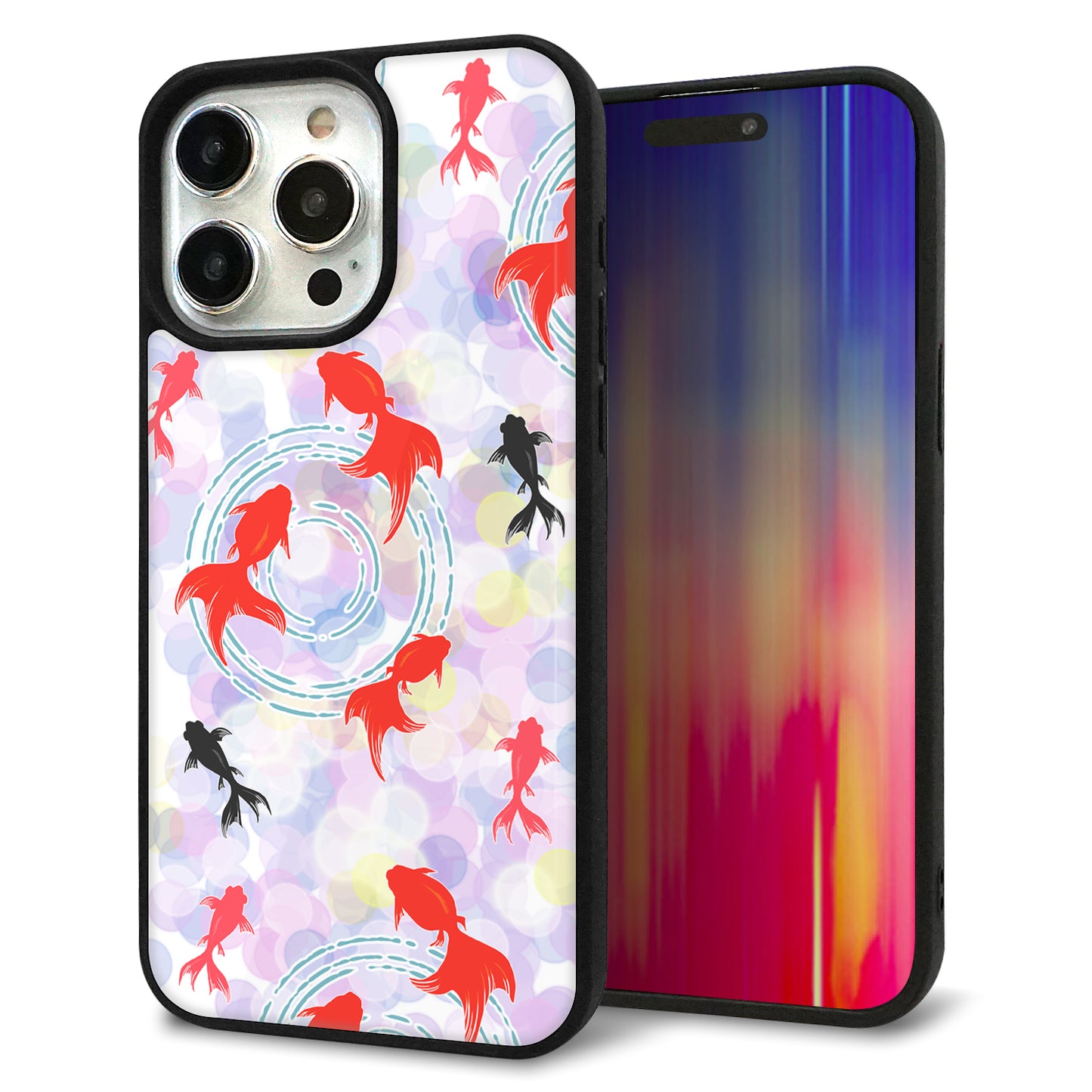 iPhone15 Pro Max 強化ガラス&TPUスマホケース ガラプリ【HA220 金魚 点々 パープル】