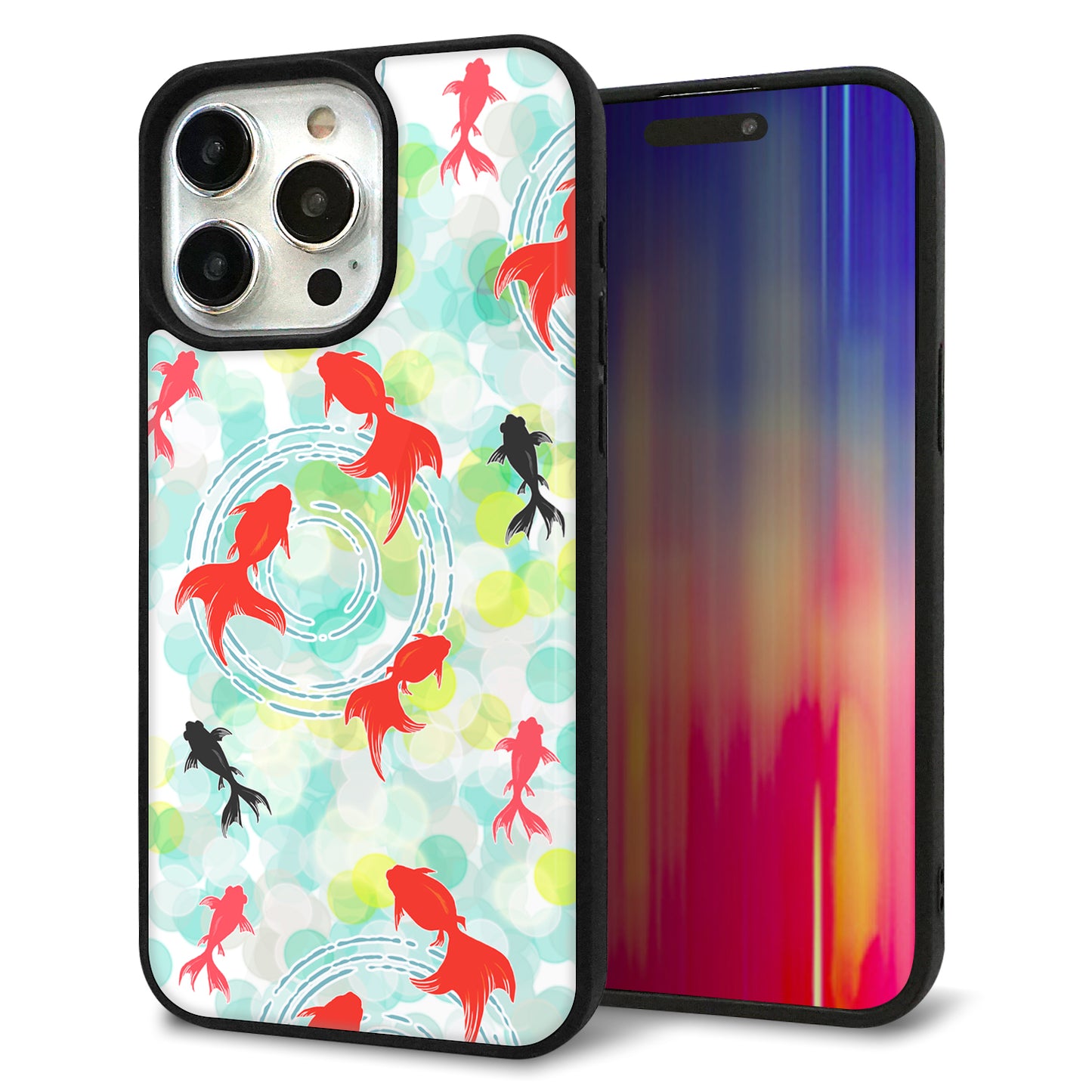 iPhone15 Pro Max 強化ガラス&TPUスマホケース ガラプリ【HA223 金魚 点々 グリーン】