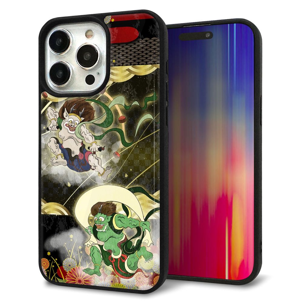 iPhone 15 Pro Max 強化ガラス&TPUスマホケース ガラプリ【HA238 風神雷神 和柄】