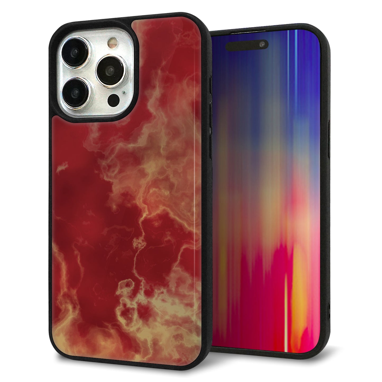 iPhone15 Pro Max 強化ガラス&TPUスマホケース ガラプリ【KM870 大理石RD】