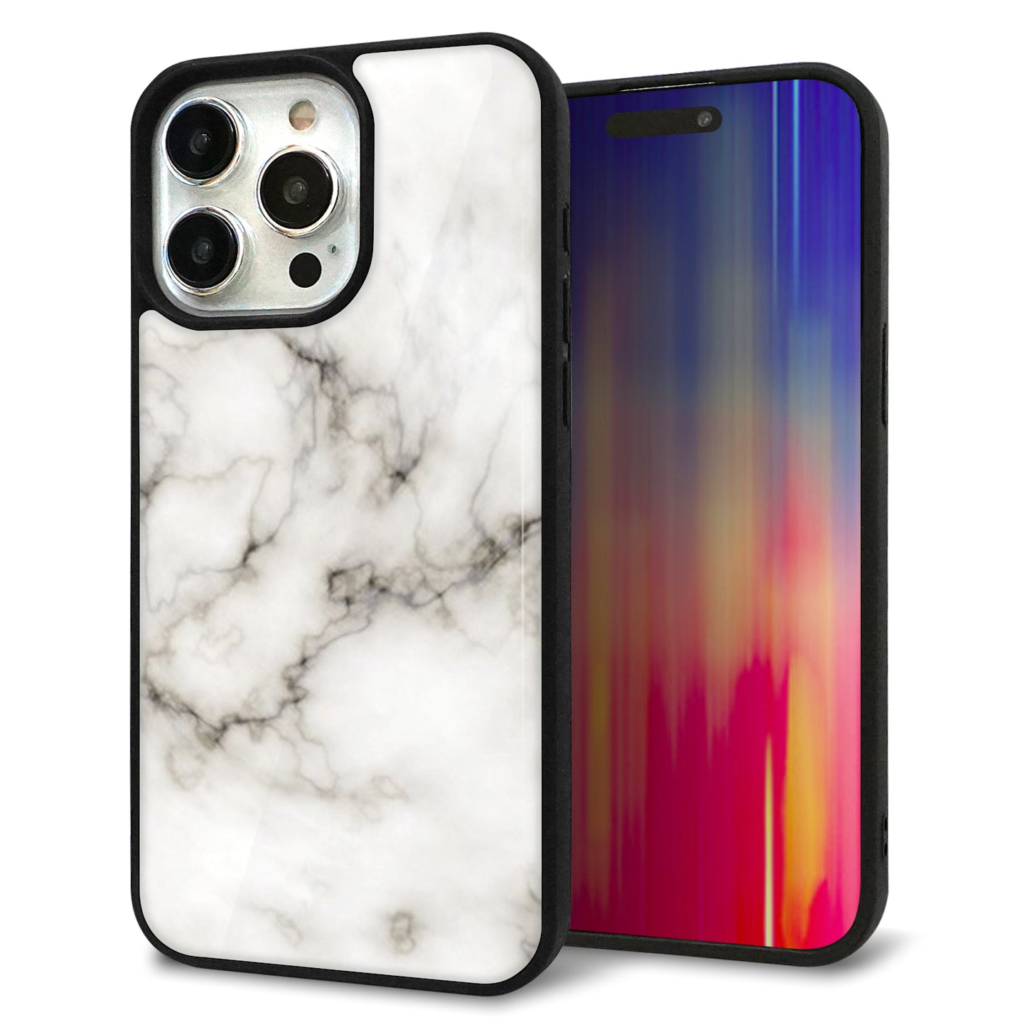 iPhone15 Pro Max 強化ガラス&TPUスマホケース ガラプリ【KM871 大理石WH】