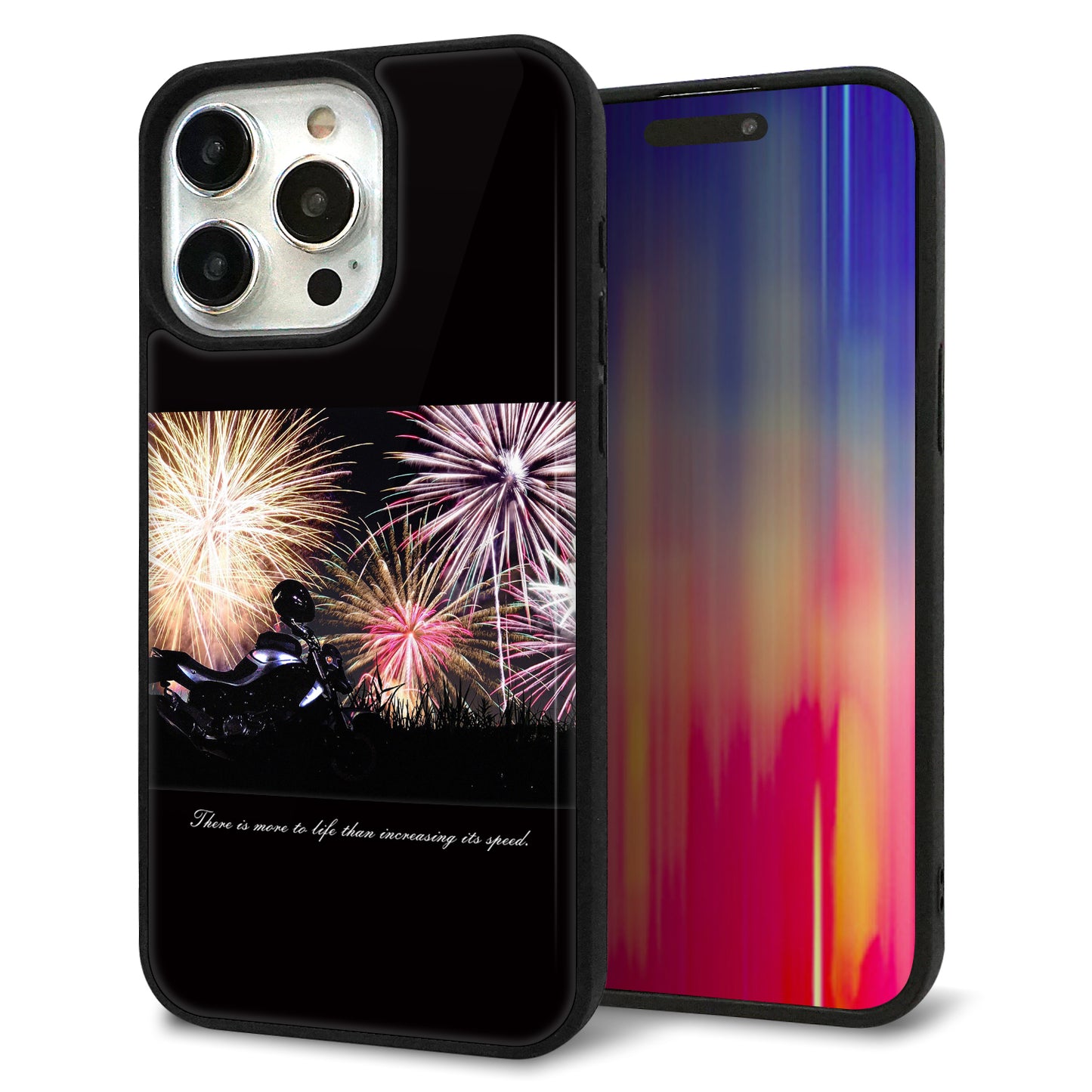 iPhone15 Pro Max 強化ガラス&TPUスマホケース ガラプリ【KM878 バイクと花火】