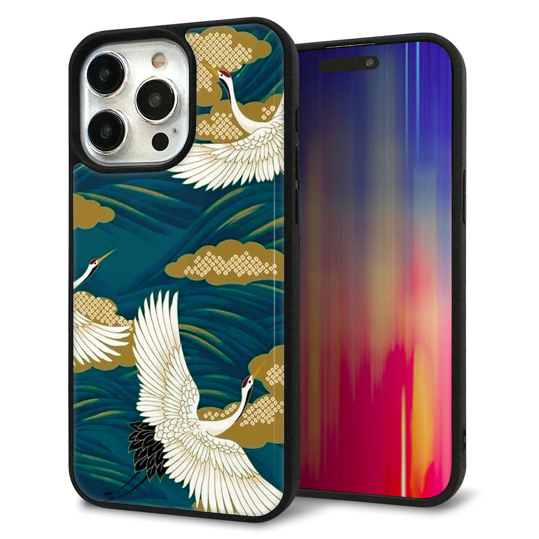 iPhone15 Pro Max 強化ガラス&TPUスマホケース ガラプリ【MA964 着物柄 鶴鯉 B】