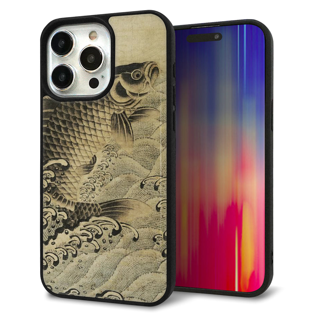 iPhone15 Pro Max 強化ガラス&TPUスマホケース ガラプリ【MA970 和柄 鶴鯉 B】