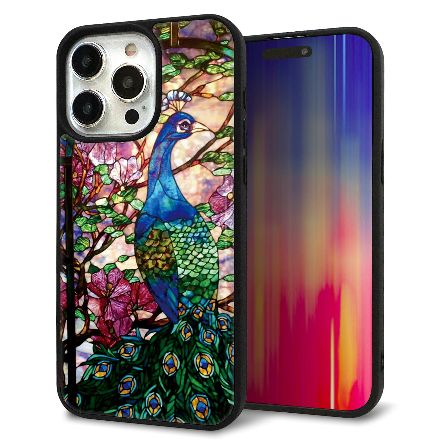 iPhone15 Pro Max 強化ガラス&TPUスマホケース ガラプリ【MA996 ステンドグラス クジャク】