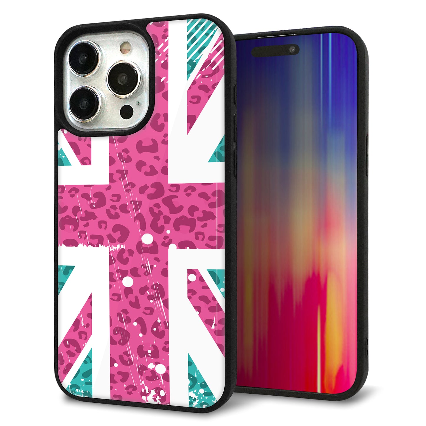 iPhone15 Pro Max 強化ガラス&TPUスマホケース ガラプリ【SC807 ユニオンジャック ピンクヒョウ柄】