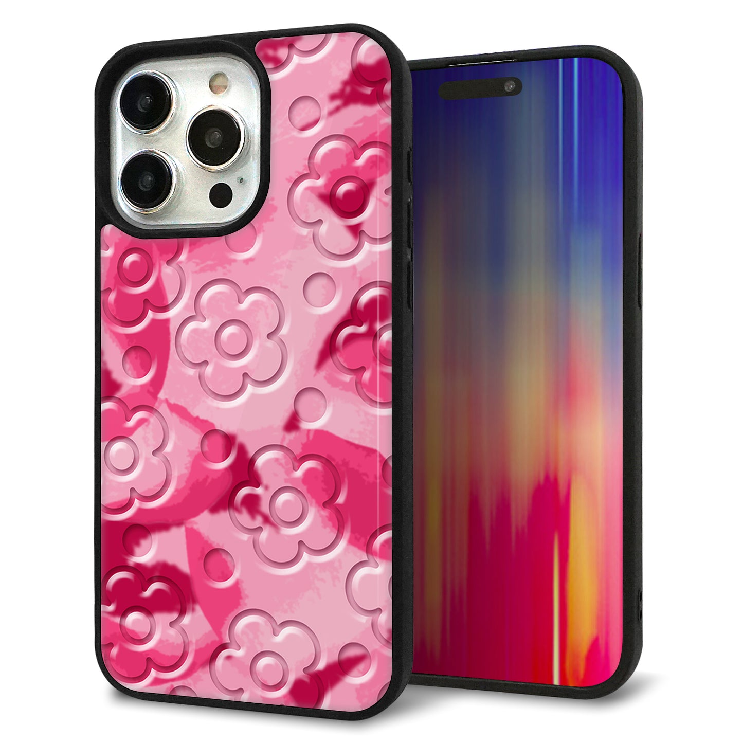 iPhone15 Pro Max 強化ガラス&TPUスマホケース ガラプリ【SC847 フラワーヴェルニ花濃いピンク(ローズアンディアン)】
