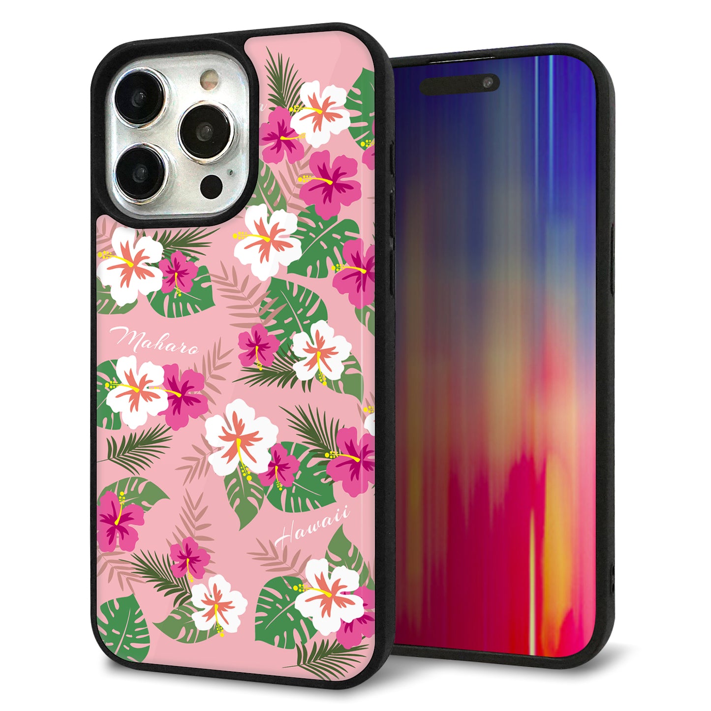iPhone15 Pro Max 強化ガラス&TPUスマホケース ガラプリ【SC882 ハワイアンアロハレトロ(ピンク)】