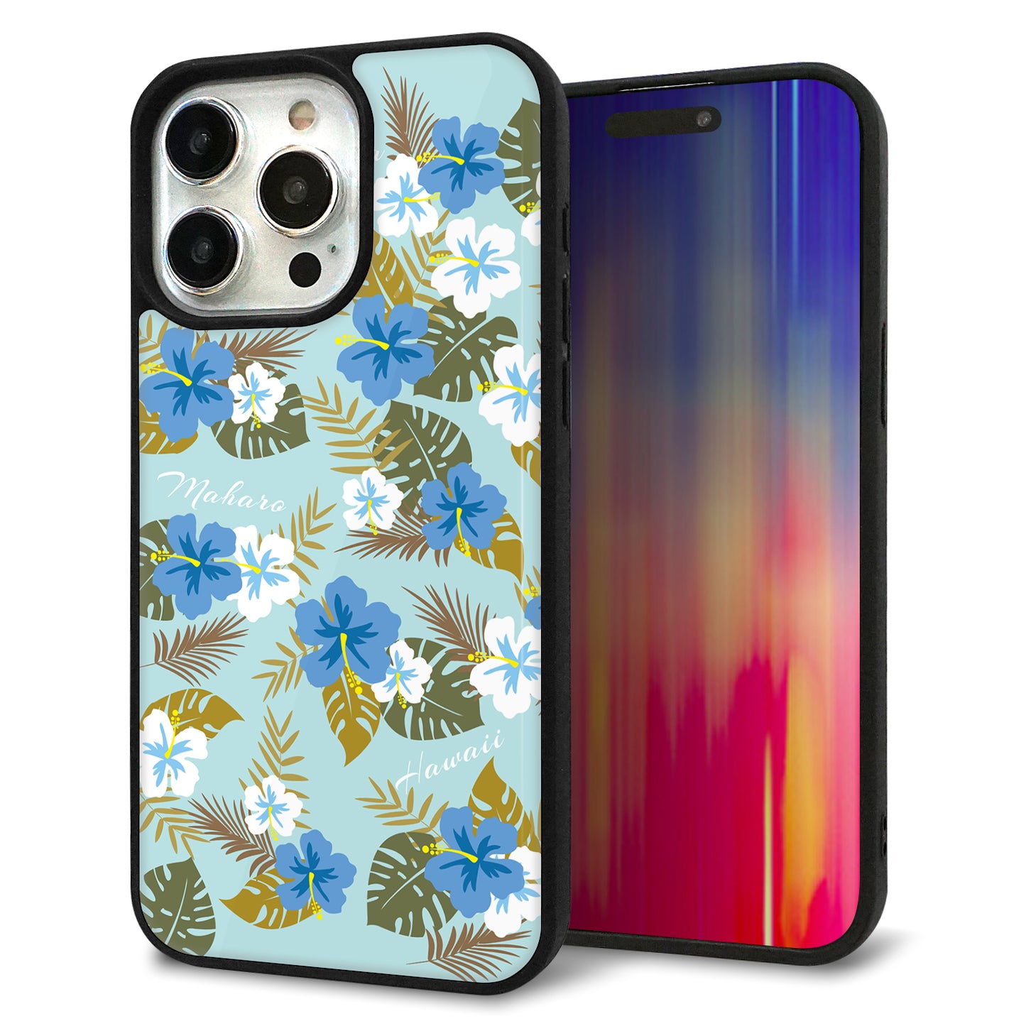 iPhone15 Pro Max 強化ガラス&TPUスマホケース ガラプリ【SC883 ハワイアンアロハレトロ(ブルー)】