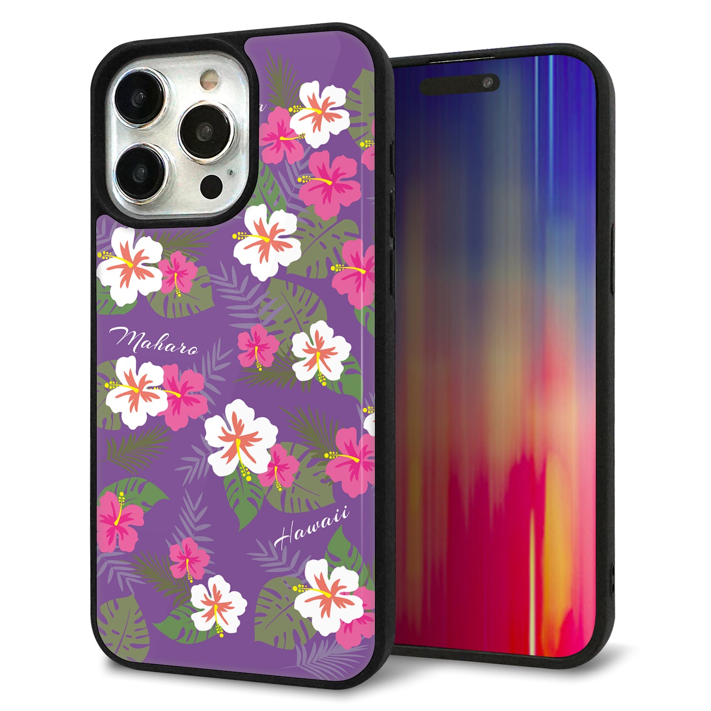 iPhone15 Pro Max 強化ガラス&TPUスマホケース ガラプリ【SC886 ハワイアンアロハレトロ(パープル)】