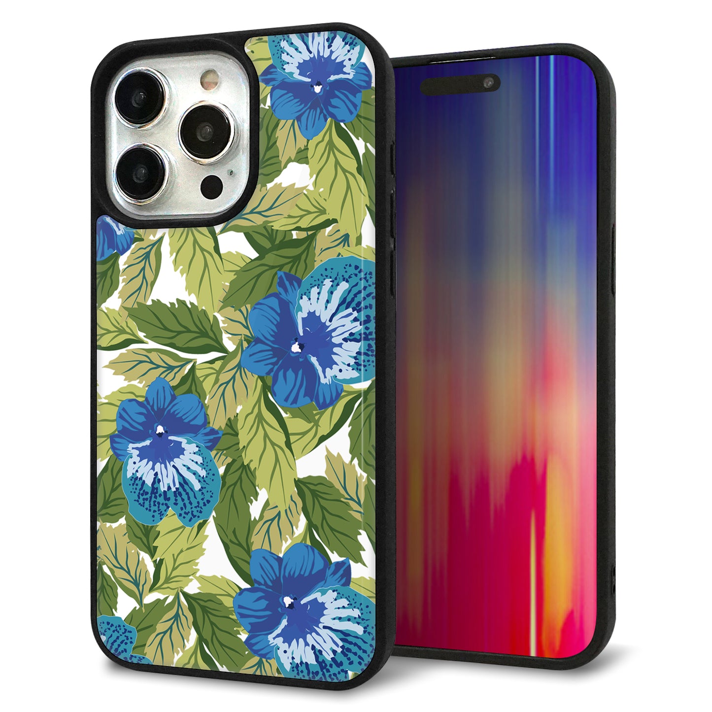 iPhone15 Pro Max 強化ガラス&TPUスマホケース ガラプリ【SC896 ボタニカル ブルー&リーフ】