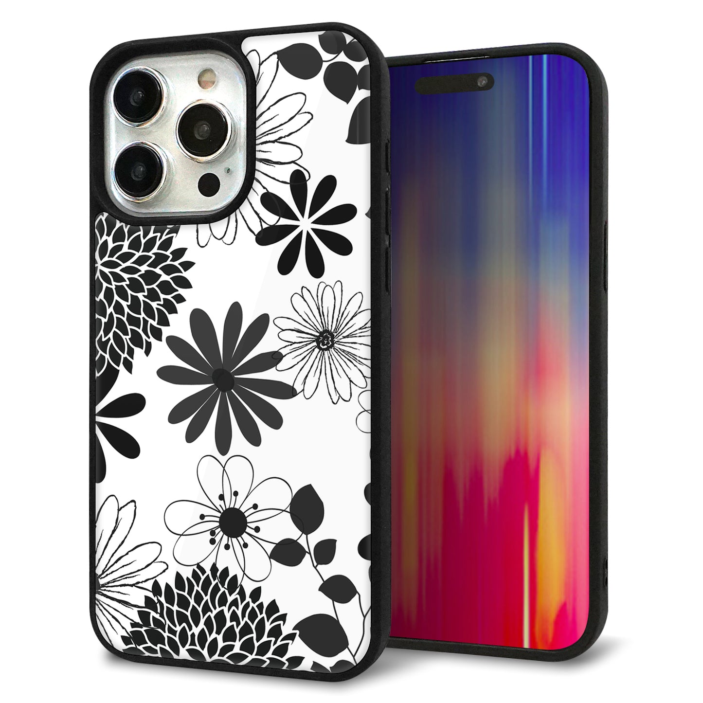 iPhone15 Pro Max 強化ガラス&TPUスマホケース ガラプリ【SC912 花柄モノトーン 01】