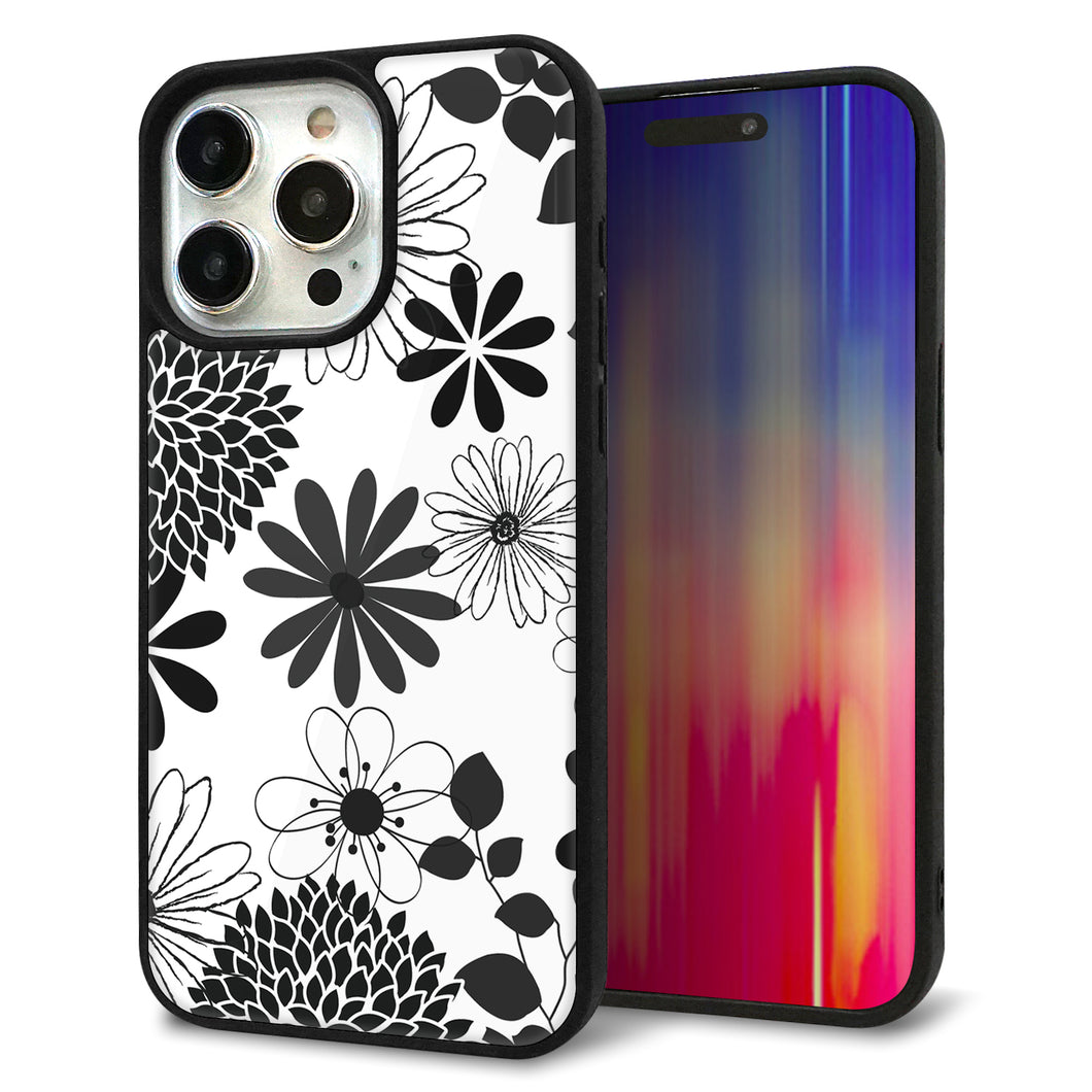 iPhone15 Pro Max 強化ガラス&TPUスマホケース ガラプリ【SC912 花柄モノトーン 01】