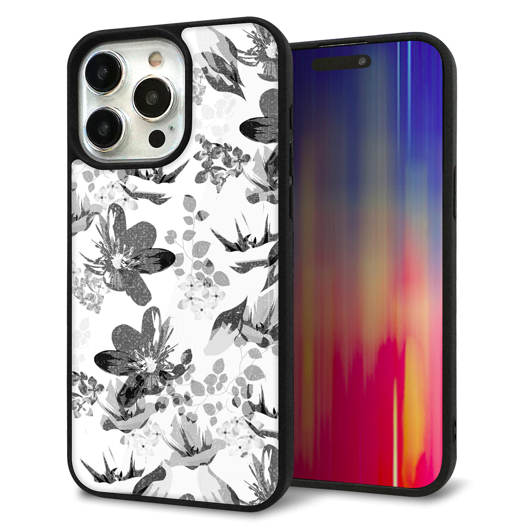 iPhone15 Pro Max 強化ガラス&TPUスマホケース ガラプリ【SC914 花柄モノトーン 03】