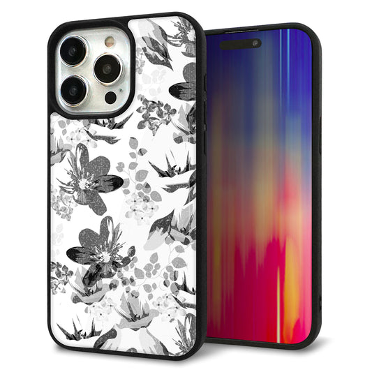 iPhone15 Pro Max 強化ガラス&TPUスマホケース ガラプリ【SC914 花柄モノトーン 03】