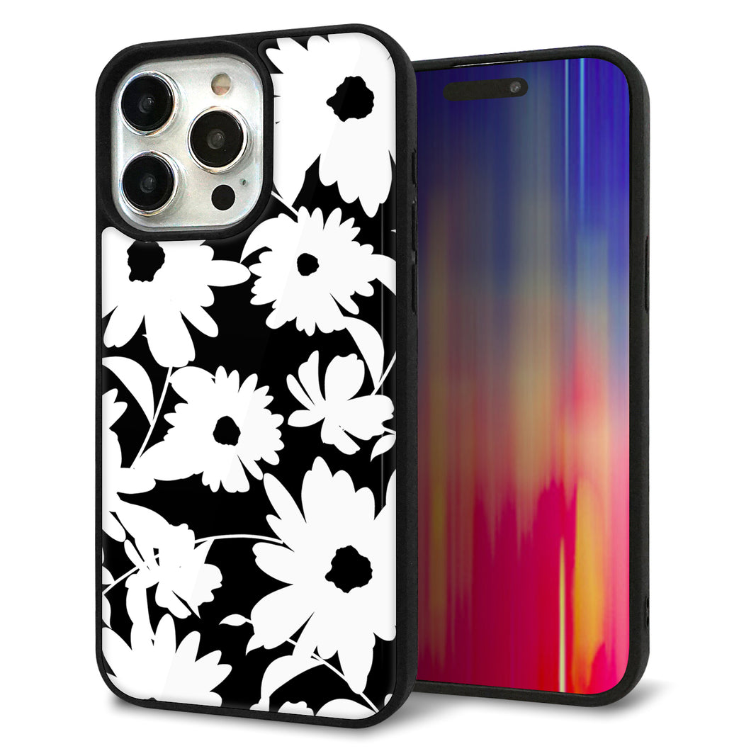 iPhone15 Pro Max 強化ガラス&TPUスマホケース ガラプリ【SC915 花柄モノトーン 04】