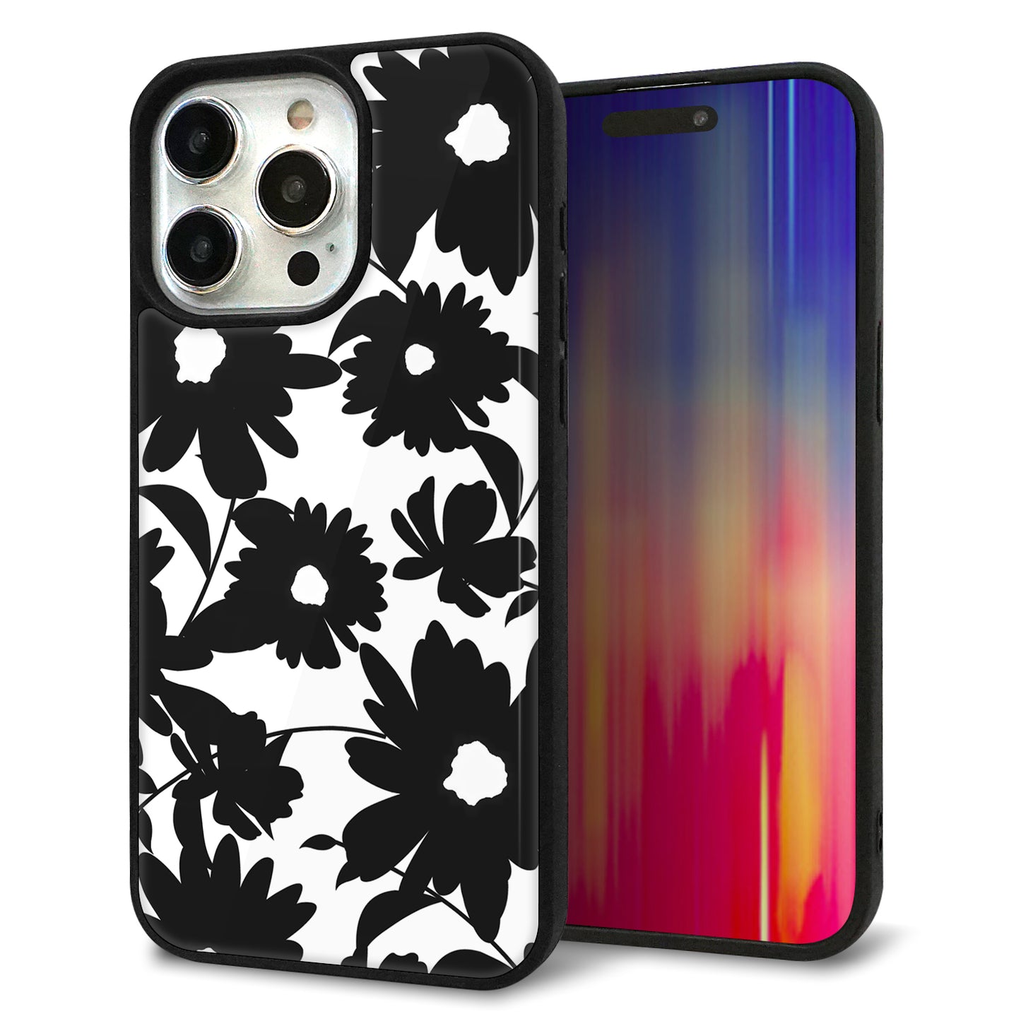 iPhone15 Pro Max 強化ガラス&TPUスマホケース ガラプリ【SC916 花柄モノトーン 05】