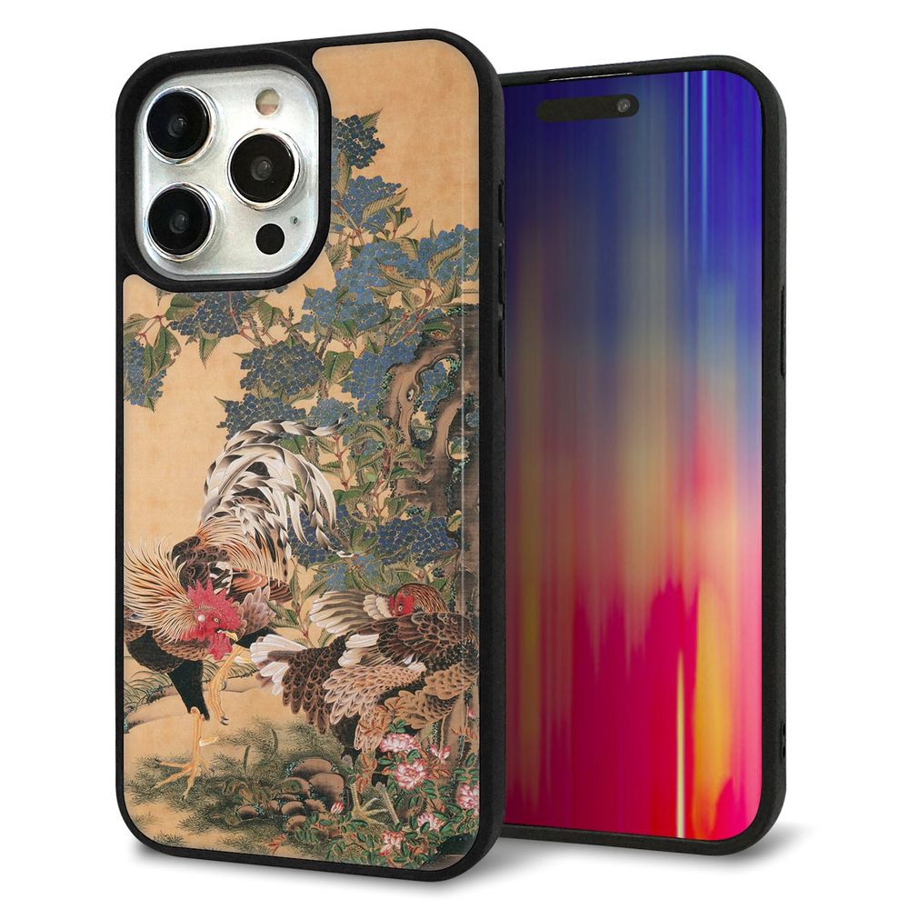 iPhone 15 Pro Max 強化ガラス&TPUスマホケース ガラプリ【TA006 紫陽花双鶏】