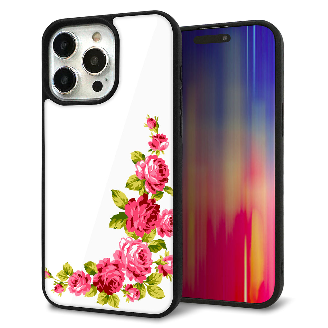 iPhone15 Pro Max 強化ガラス&TPUスマホケース ガラプリ【VA825 バラのフレーム(白)】