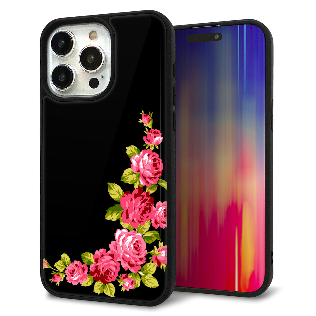iPhone15 Pro Max 強化ガラス&TPUスマホケース ガラプリ【VA826 バラのフレーム(黒)】