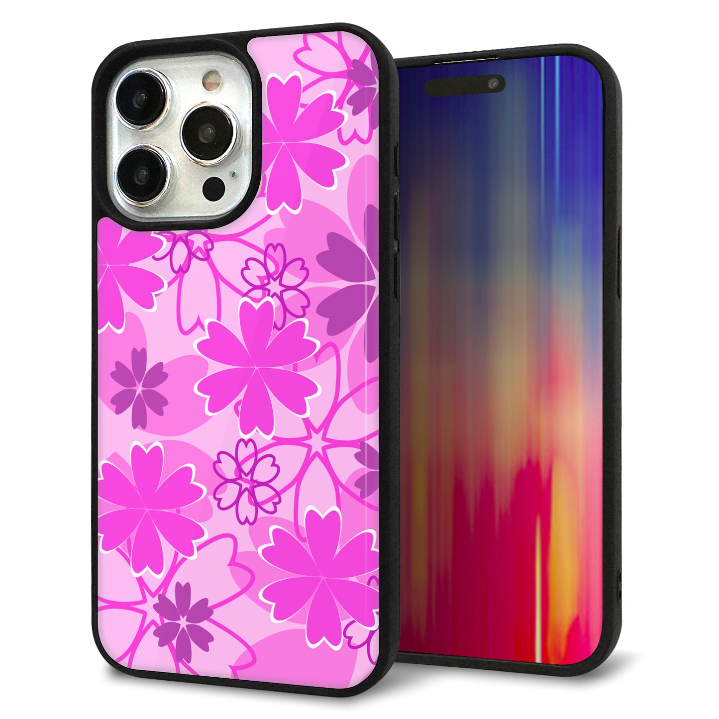 iPhone15 Pro Max 強化ガラス&TPUスマホケース ガラプリ【VA961 重なり合う花 ピンク】