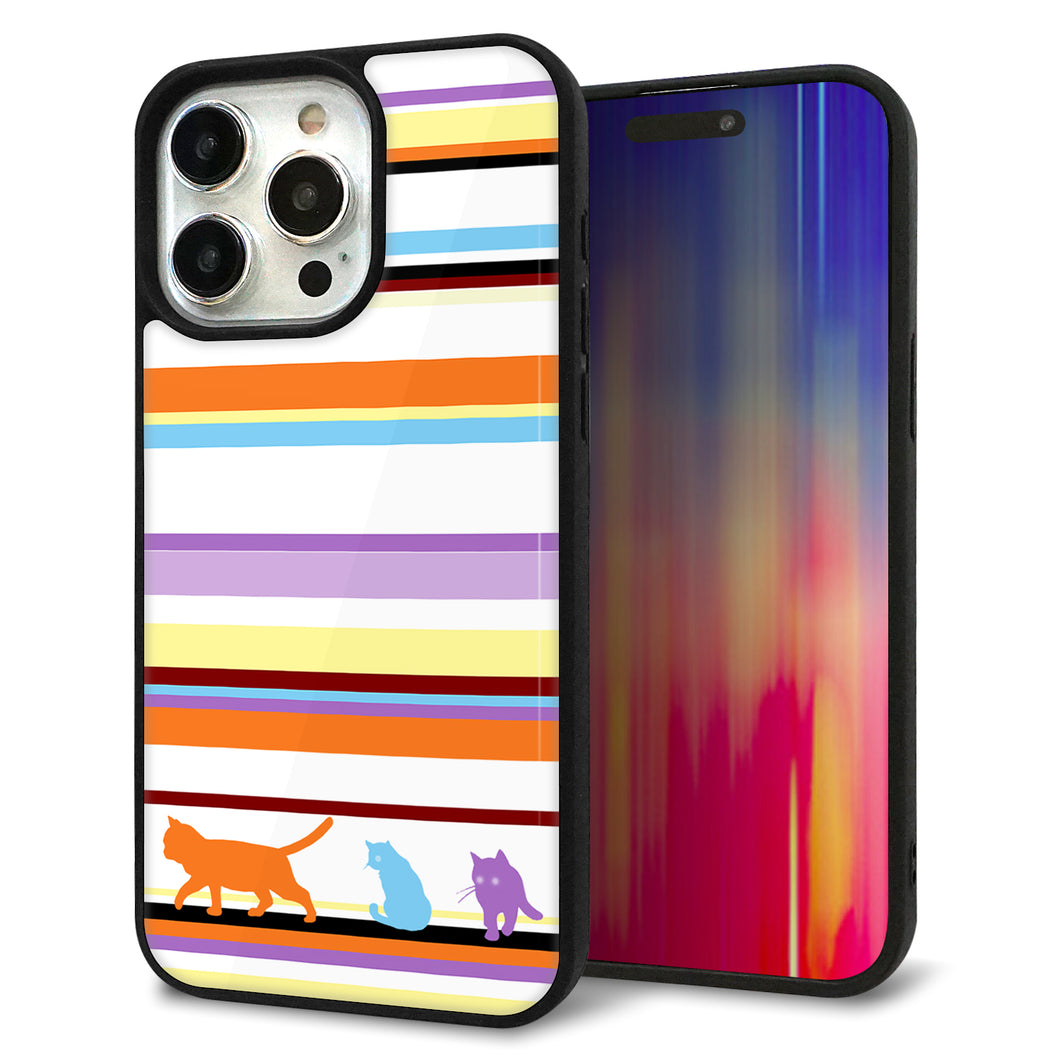 iPhone15 Pro Max 強化ガラス&TPUスマホケース ガラプリ【YA887 ストライプネコ01】