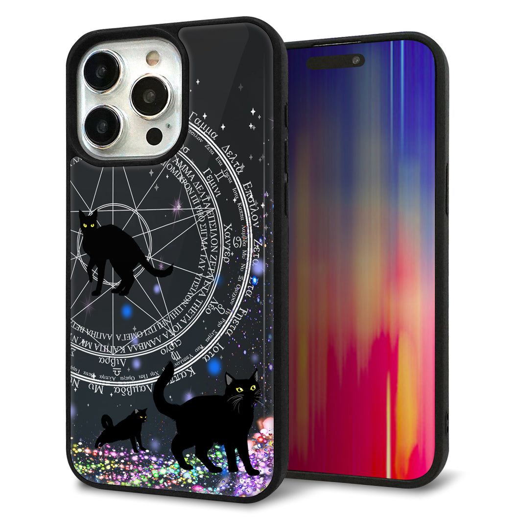 iPhone15 Pro Max 強化ガラス&TPUスマホケース ガラプリ【YJ330 魔法陣猫 キラキラ 黒猫】